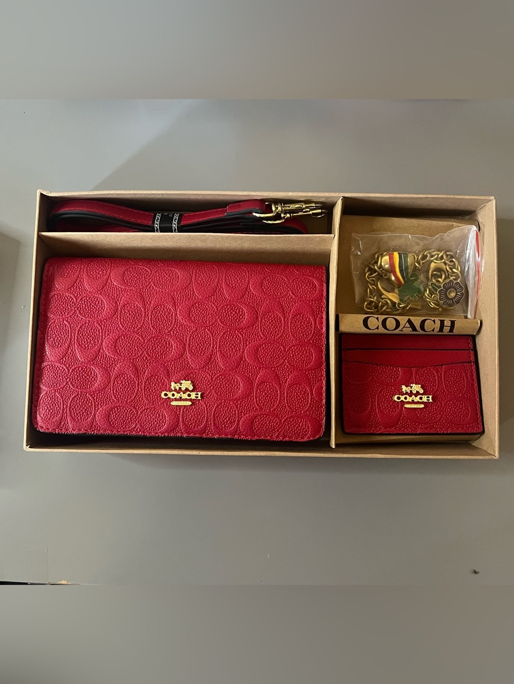 Coach Anna Foldover Clutch Crossbody Card Case Set Electric Red NWT